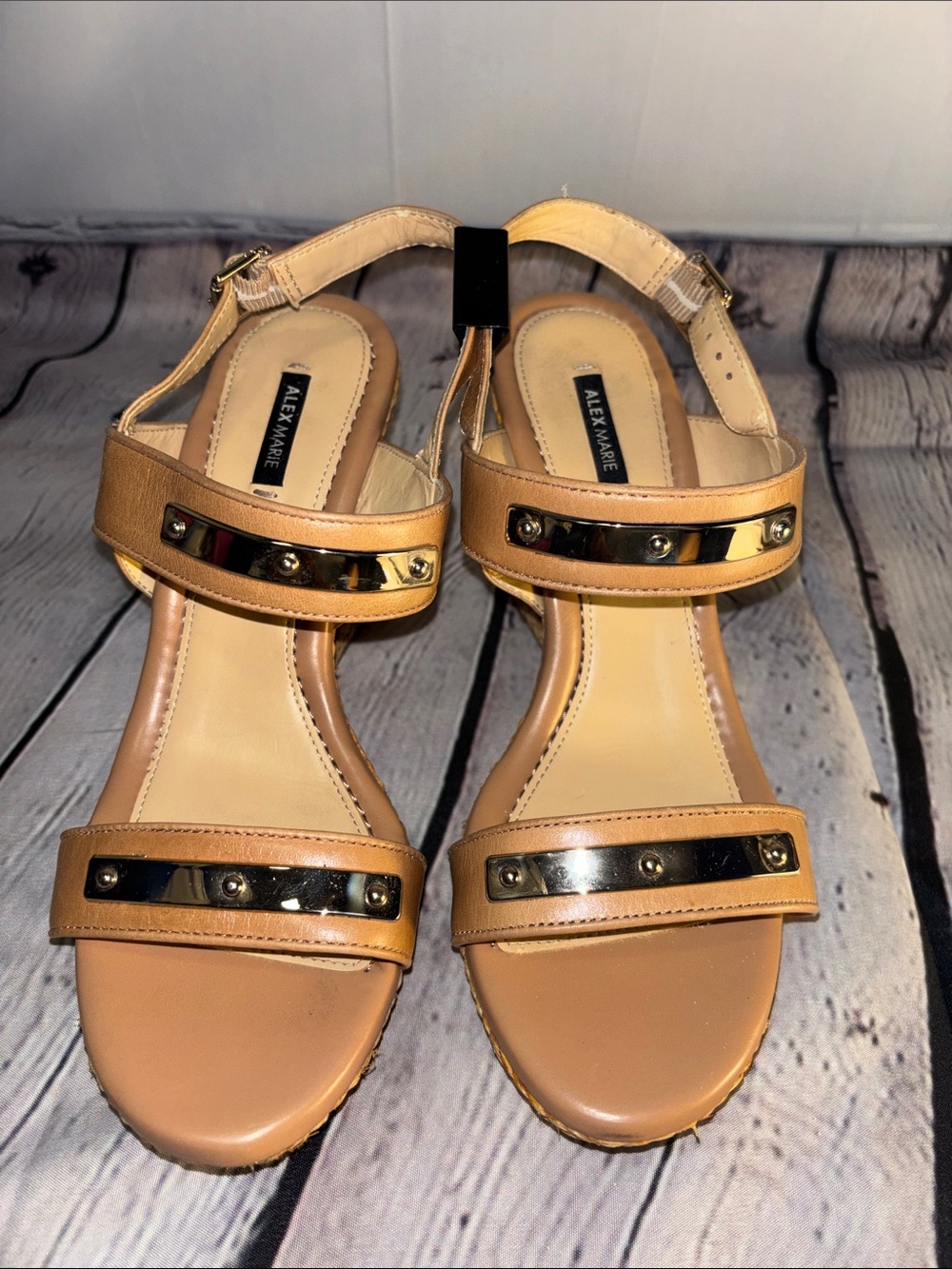 Alex Marie Tan Wedge Sandals with Gold Hardware